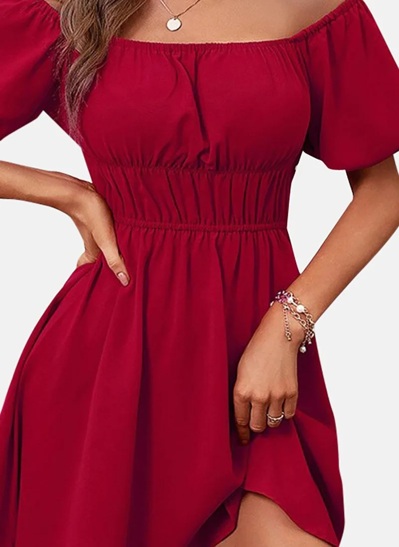 YUNIQEE Red Solid Short Sleeve Off-shoulder Mini Fit & Flare Dress