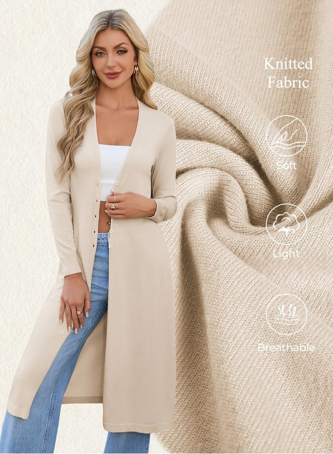 GRACE KARIN Womens Long Cardigan Trendy, Lightweight Knit Dusters Coat, V Neck Button Up Sweater Maxi Dress, Beige, XL - Image 4