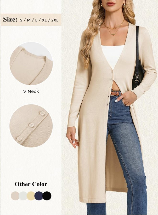 GRACE KARIN Womens Long Cardigan Trendy, Lightweight Knit Dusters Coat, V Neck Button Up Sweater Maxi Dress, Beige, XL - Image 5