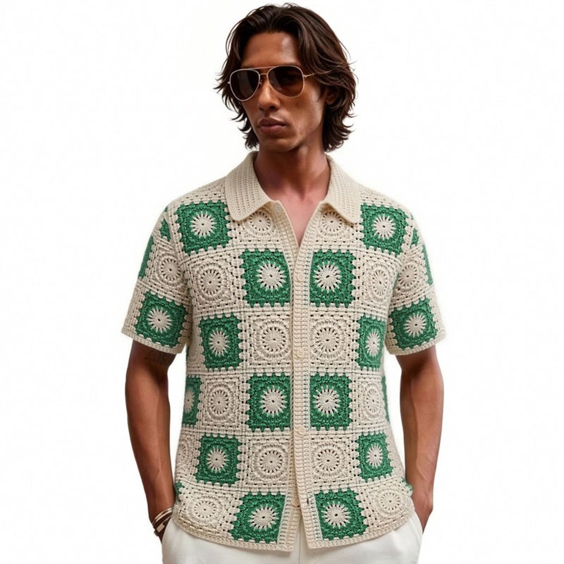 Men's Crochet Checkered Openwork Polo Shirt Apricot - Image 1