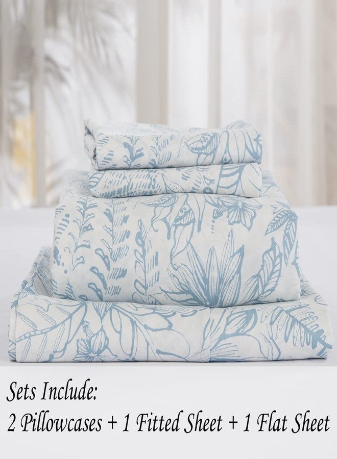 DAUAOTO Cotton Sheets Set Queen Size 4 Pieces Flower Bedding Sets, Aqua Blue Floral Pattern, Up to 14" Deep - Image 2