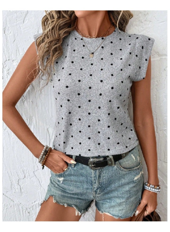 Shein French Unique Niche Polka Dot Round Neck Wide Strap Camisole For Women, Summer Polka Dot Summer Ou  - Image 1