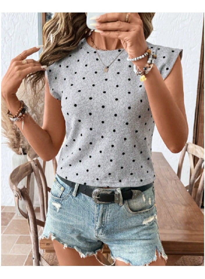Shein French Unique Niche Polka Dot Round Neck Wide Strap Camisole For Women, Summer Polka Dot Summer Ou  - Image 2
