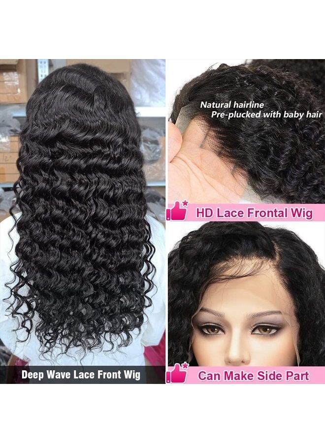 Wingirl 180 Density 13x4 HD Lace Front Wigs Human Hair Pre Plucked with Baby Hair Transparent Glueless Brazilian Deep Wave Frontal Wigs for Black Women Natural Black Color(20Inch) - Image 5