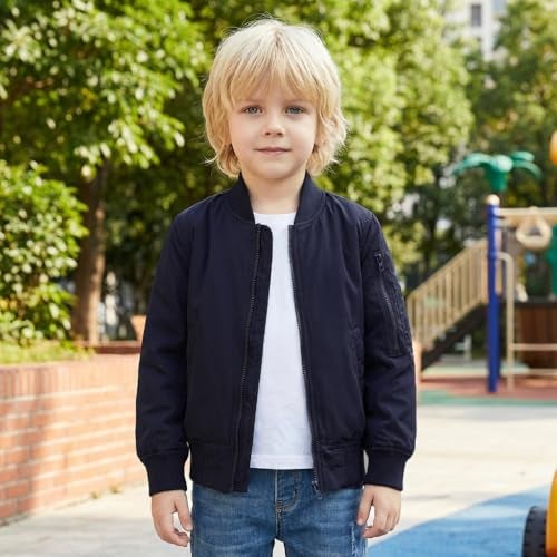 CUNYI Boys Fashion Zip Up Bomber Jacket Windproof Flight Jacket Lightweight Windbreaker Outdoor Navy Blue 150 - Image 3