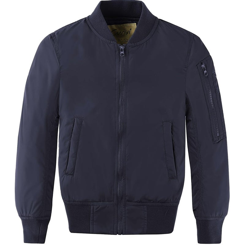 CUNYI Boys Fashion Zip Up Bomber Jacket Windproof Flight Jacket Lightweight Windbreaker Outdoor Navy Blue 150 - Image 2