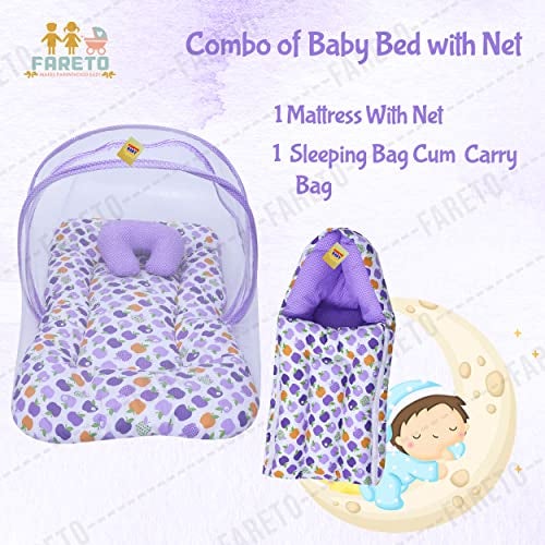 Fareto Born Baby Apple Print Mattress with Net & Sleeping Bag(Purpal)(0-6 Months) - Image 2
