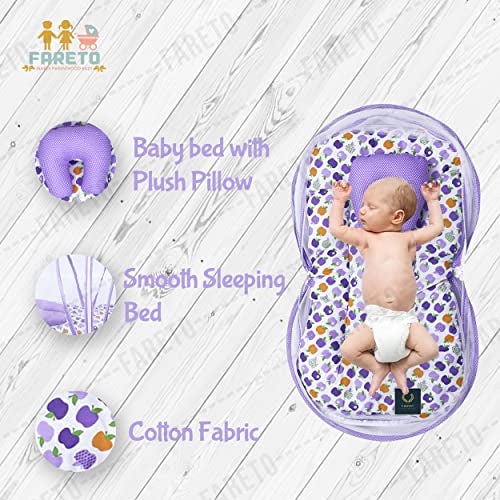 Fareto Born Baby Apple Print Mattress with Net & Sleeping Bag(Purpal)(0-6 Months) - Image 3
