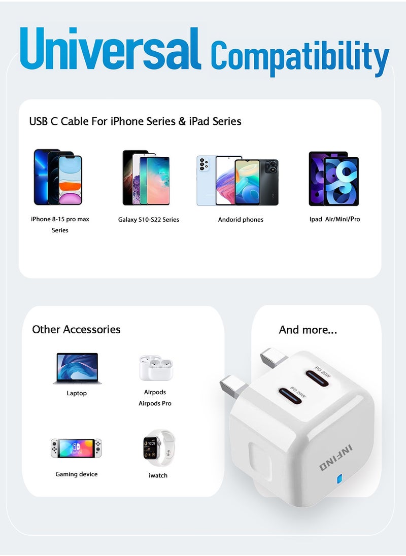 Dual Port Fast Charger 40W - USB-C PD UK Standard - Certified for iPhone, Galaxy, iPad, and More