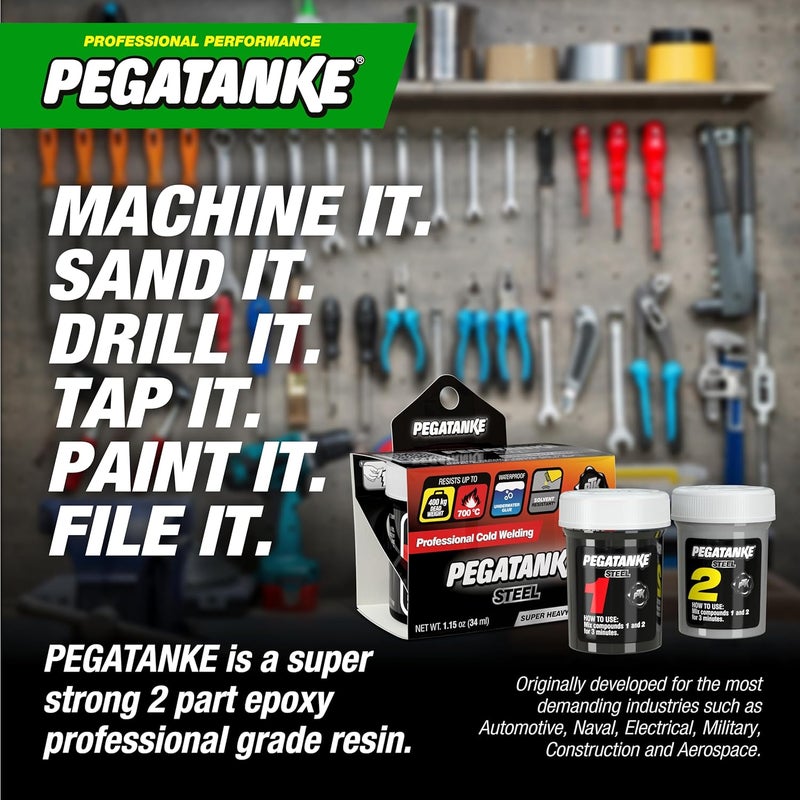 Pegatanke - Steel 2 Part Epoxy Resin | Professional Cold Weld Adhesive | High Strength Liquid Metal Glue | General Repair & Plastic | High Temperature Epoxy for Cold Welding Waterproof Bonds (1.15 oz) - Image 5