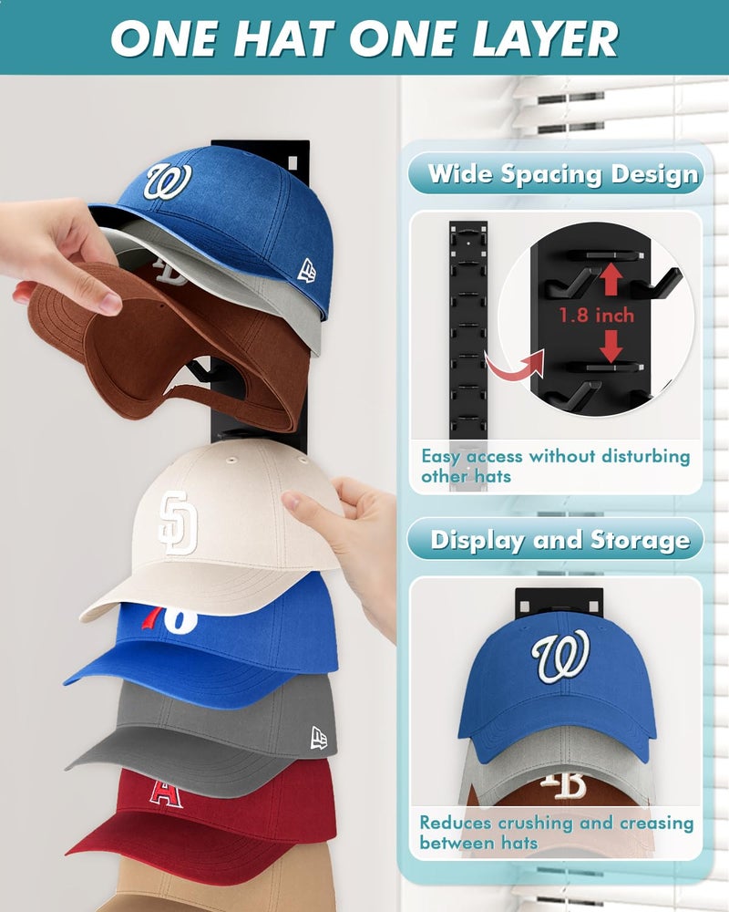 Meeenmiil Hat Organizer for Baseball Caps (2-Pack), Strong Adhesive Hat Rack for Wall, Multi-layer Hat Hooks Storage for 18 Hats, Hat Holder Hanger for Door, Bedroom, Closet - Black - Image 3