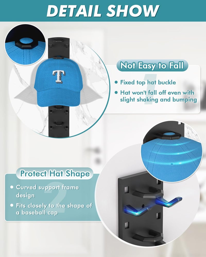 Meeenmiil Hat Organizer for Baseball Caps (2-Pack), Strong Adhesive Hat Rack for Wall, Multi-layer Hat Hooks Storage for 18 Hats, Hat Holder Hanger for Door, Bedroom, Closet - Black - Image 4