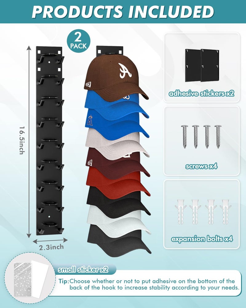 Meeenmiil Hat Organizer for Baseball Caps (2-Pack), Strong Adhesive Hat Rack for Wall, Multi-layer Hat Hooks Storage for 18 Hats, Hat Holder Hanger for Door, Bedroom, Closet - Black - Image 5