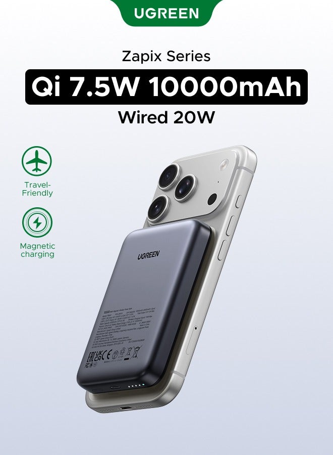 Ugreen 10000 mAh 10000mAh Wireless Power Bank Magnetic MagSafe Wireless Portable Charger Fast Charging Charger PD 20W Wired Charging iPhone MagSafe Charger Battery Pack For iPhone 16 15 Series Apple Watch S10 Airpods Grey 7.5W - Image 1