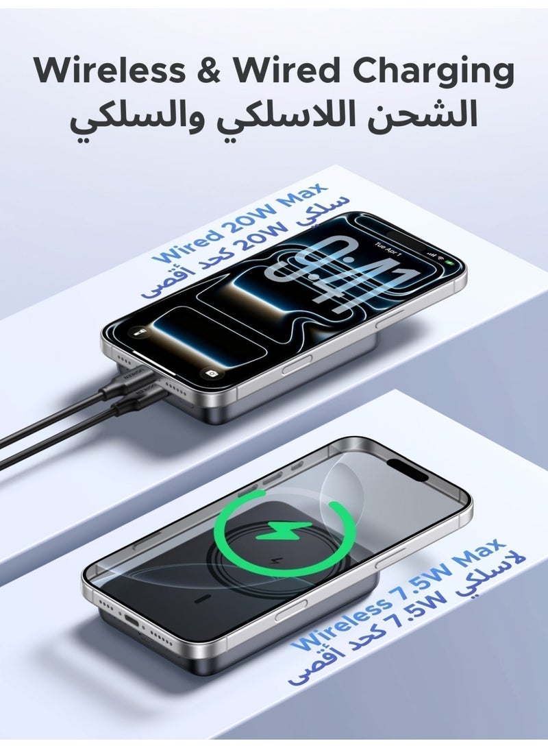 يو جرين باور بانك لاسلكي 10000 مللي أمبير، شاحن مغناطيسي لاسلكي محمول، شاحن سريع الشحن PD 20 وات، شاحن سلكي ماج سيف لهاتف آيفون، حزمة بطارية لهاتف آيفون 17 و16 سلسلة  أبل ساعة ابل ايربودز برو 10000 mAh 7.5W رماديي - Image 5