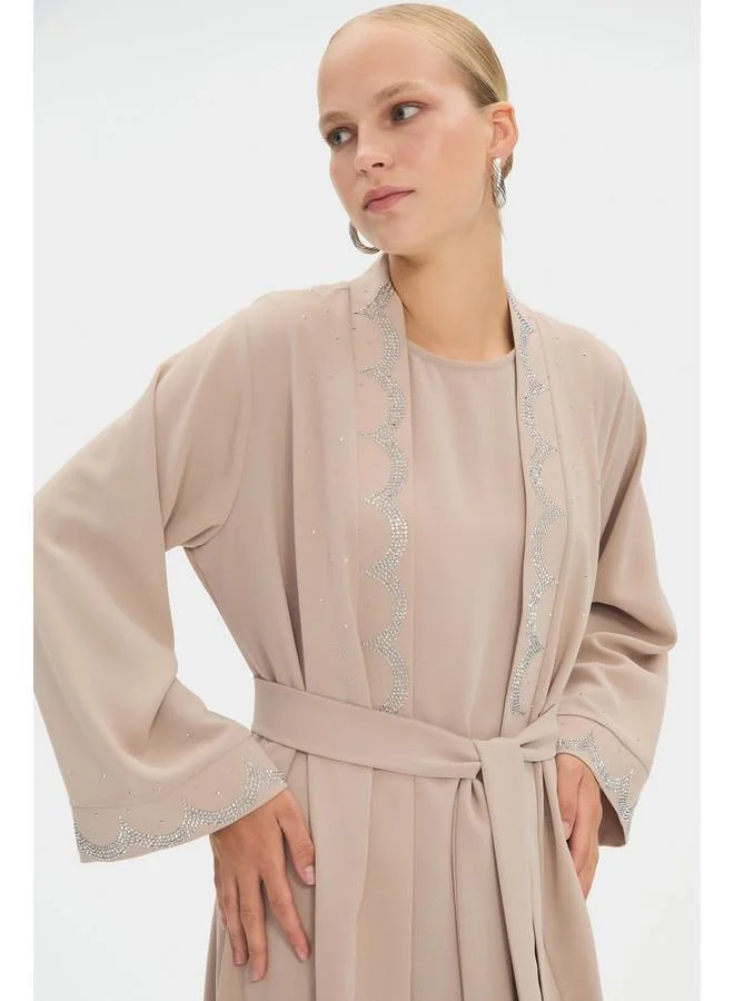 JUNE June Women Embroidered Detailed Abaya Stone