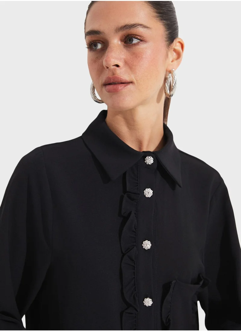 جون Ruffel Detail Button Down Shirt
