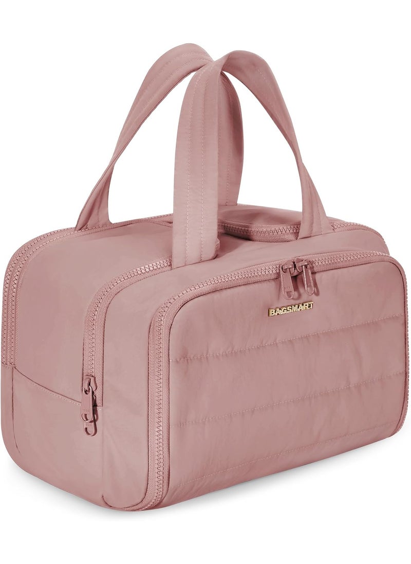 BAGSMART BAGSMART Travel Toiletry Bag, Lightweight Large Wide-open Travel Bag for Women, Puffy Cosmetic Makeup Bag Organizer with Handle for Accessories,Essentials, Toiletries, Dark Pink 