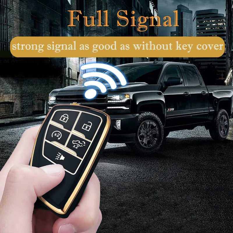 Cacacar Key Fob Cover for Chevy GMC with Keychain, Silverado Sierra Tahoe Suburban Equinox Traverse Yukon Denali Terrain Buick Envision Premium Soft TPU Case (5 Buttons Black) - Image 4