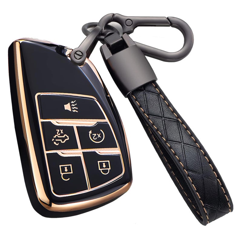 Cacacar Key Fob Cover for Chevy GMC with Keychain, Silverado Sierra Tahoe Suburban Equinox Traverse Yukon Denali Terrain Buick Envision Premium Soft TPU Case (5 Buttons Black) - Image 1