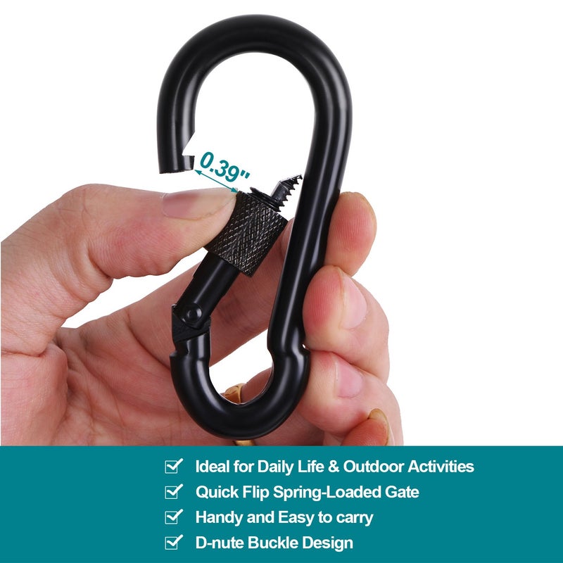 BEWISHOME 4 Pack Carabiner Solid Metal D Clips Black Carabiner with Heavy Duty 500LBS Screw Gate Multifunctional Hammock Locking for Outdoor Traveling Backpacking Black HDK02H - Image 2