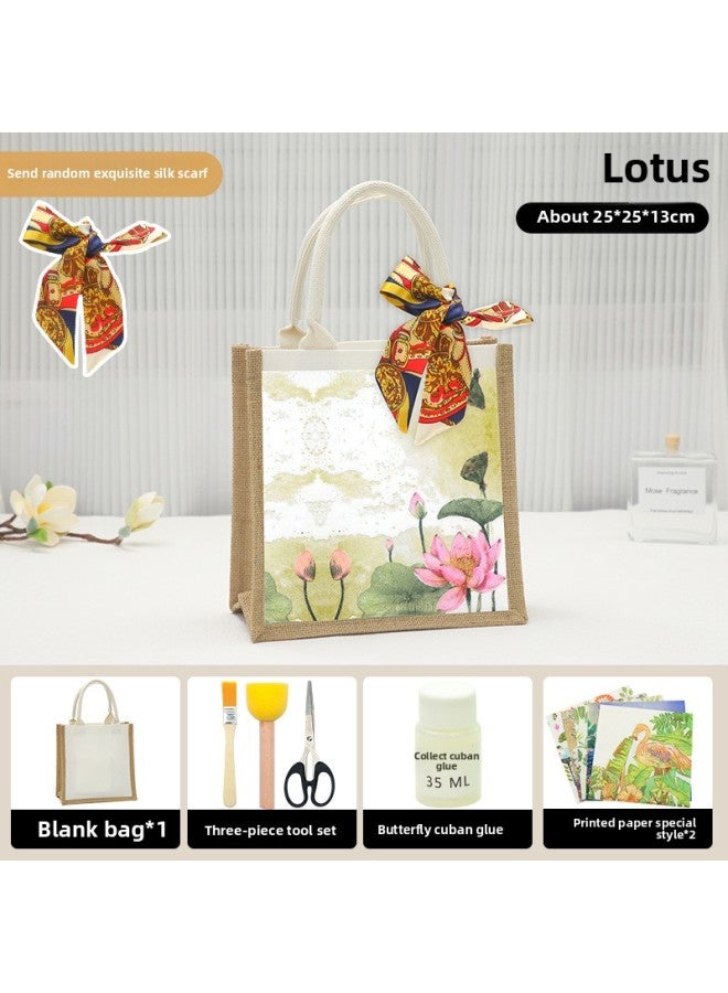 Thanksgiving Diy Handmade Butterfly Ancient Bart Canvas Tote Bag Sack Paste Group Building Parent-child Material Bag Warm-up Field-Color:LB-N17 Lotus Material Contains Scissors Glue_vertical  - Image 1