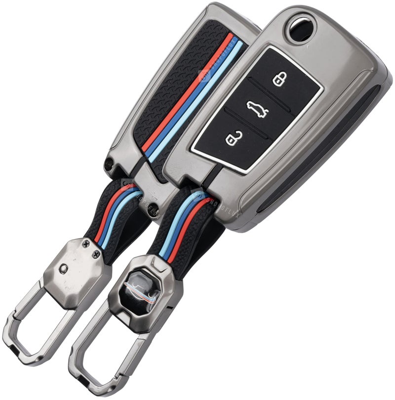 SHOPOFLUX Metal Key Cover Compatible for Skoda & Volkswagen Cars Kylaq | Slavia | Kushaq | Octavia | Virtus | Taigun | Tiguan | T Roc 3 Button Flip Key (Black) - Image 1
