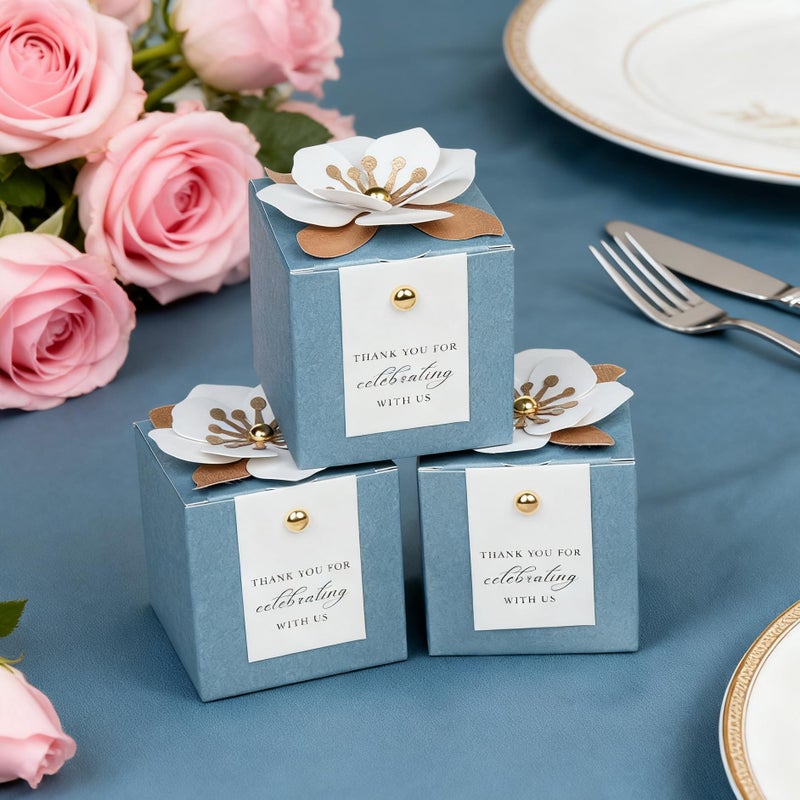 FEIYI 20 PCS Candy Boxes, 3 In 1 Dusty Blue Favor Boxes with Floral Decor, White Thank You Tags Gift wrapping for Wedding Birthday Baby Shower Decorations Party -2.55x2.55x2.55'' - Image 4
