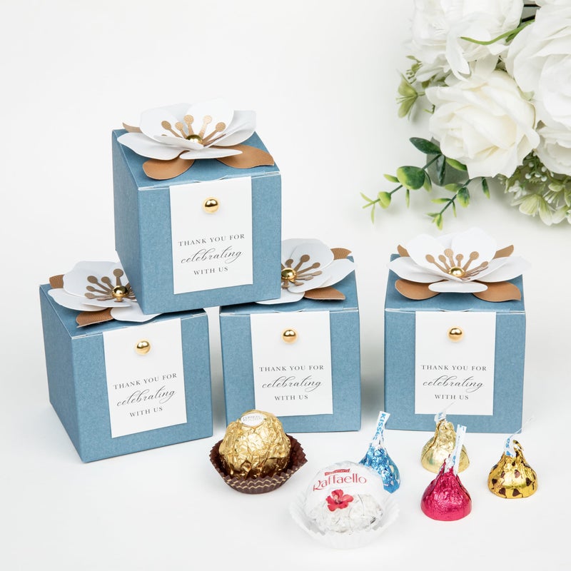 FEIYI 20 PCS Candy Boxes, 3 In 1 Dusty Blue Favor Boxes with Floral Decor, White Thank You Tags Gift wrapping for Wedding Birthday Baby Shower Decorations Party -2.55x2.55x2.55'' - Image 5