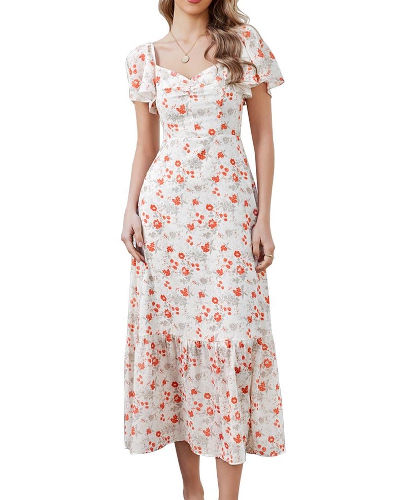 GLNEGE Women's 2026 Summer Midi Floral Boho Dresses Casual Flowy Beach Short Sleeve Dress Ruffle Hem Smocked Sundresses - Image 1