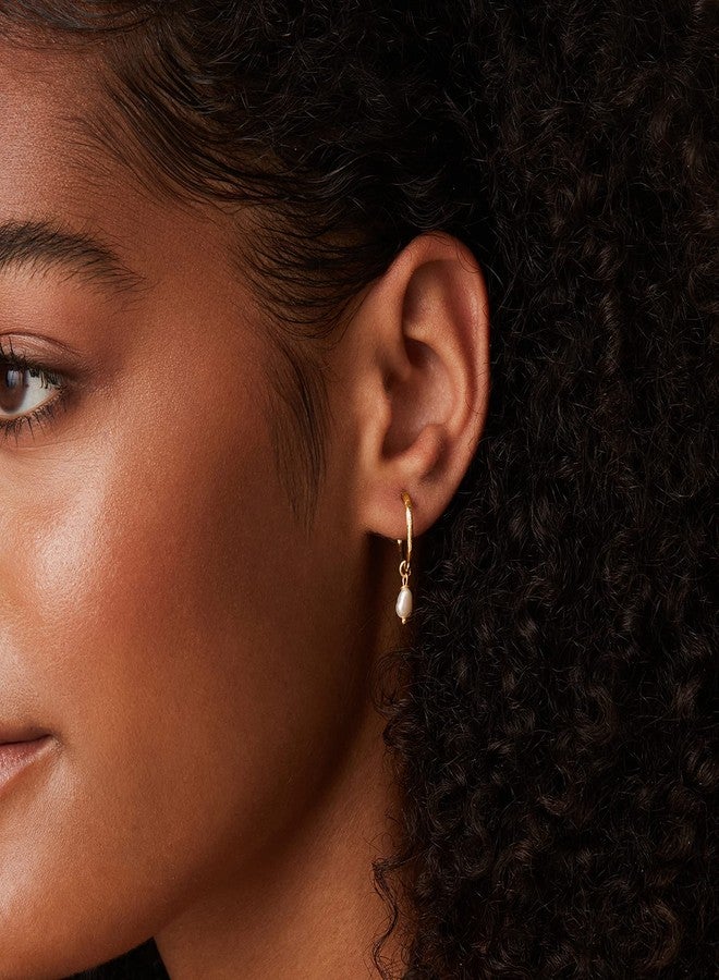 PAVOI 14K Yellow Gold Plated 925 Sterling Silver Post Classic Pearl Dangle Huggie Hoop Earrings For Women - Trendy Pearl Drop Open Hoop Earrings - Cubic Zirconia Small Hinged Hammered Huggies - Image 2