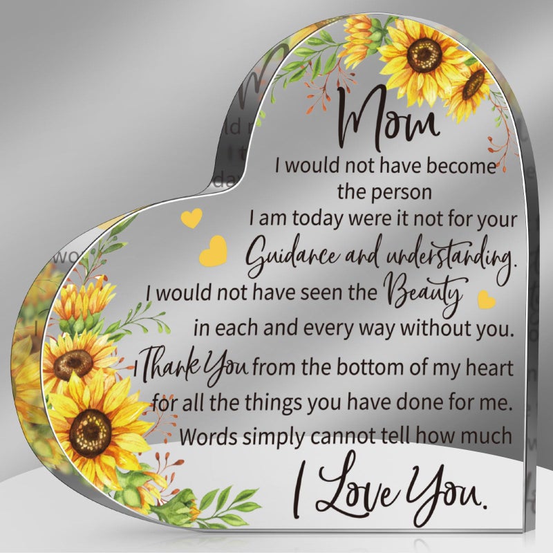 Jetec Gift for Mom from Daughter Son Christmas Acrylic Heart Shaped Block for Moms Bonus Heart Plaque Sign for Grateful MotherS Day Birthday Thanksgiving Gift Ideas(Mom Sunflower) - Image 1