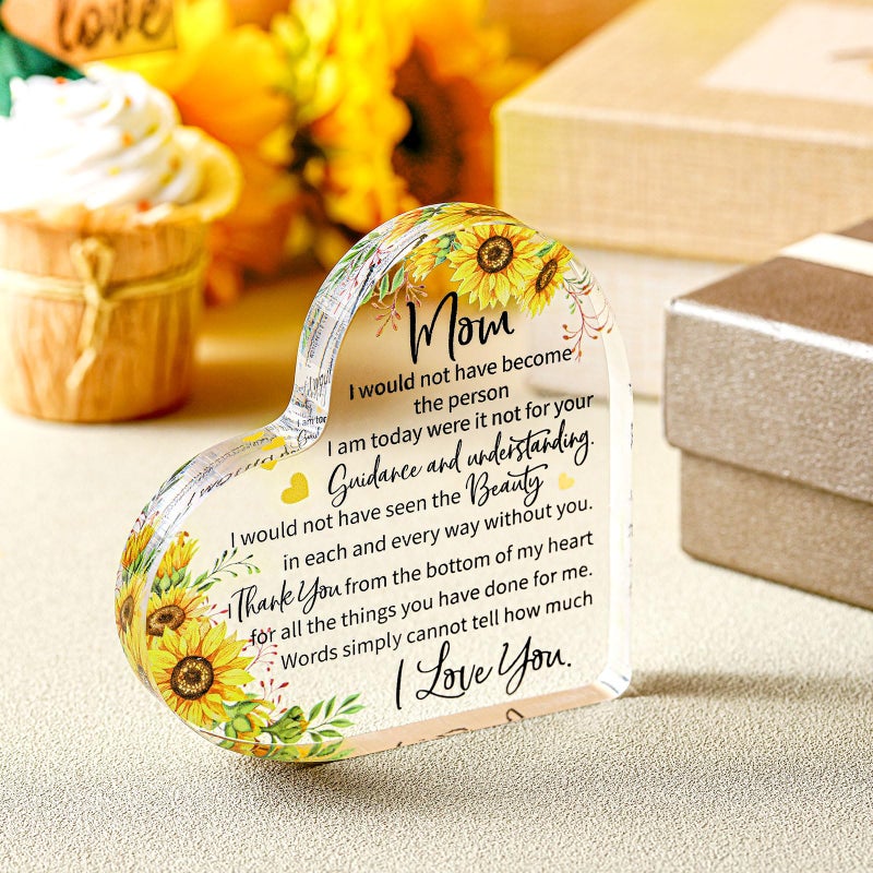 Jetec Gift for Mom from Daughter Son Christmas Acrylic Heart Shaped Block for Moms Bonus Heart Plaque Sign for Grateful MotherS Day Birthday Thanksgiving Gift Ideas(Mom Sunflower) - Image 3