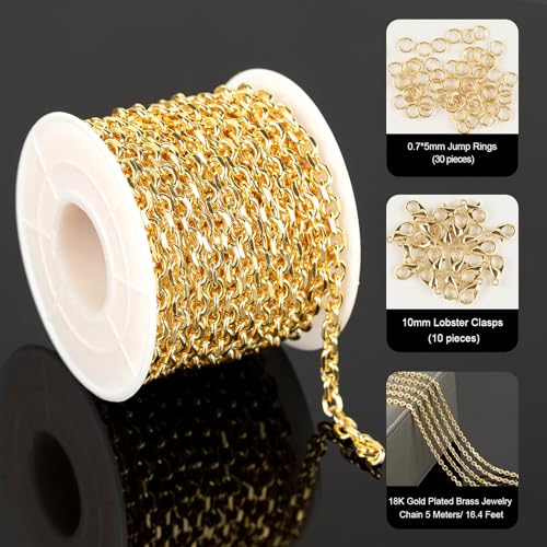 YOUBEIYEE 5 Meters 18K Gold Plated Jewelry Chains Bulk Diamond Cut Cable Chain Link Light Gold Chain Necklace DIY for Men and Women - Image 2