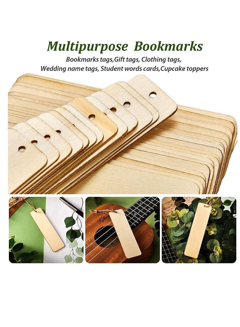 كابتن تيك Wood Blank Bookmarks DIY Wooden Craft Bookmark Unfinished Hanging Tags Rectangle Shape Blank Bookmark Ornaments with Holes and Ropes for Wedding Birthday Party Decor 24 - Image 4