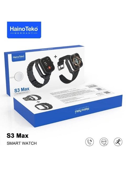 S3 Max Smart Watch With 2 Set Strap Dial Case And Wireless Charger For Men's and Boys Black