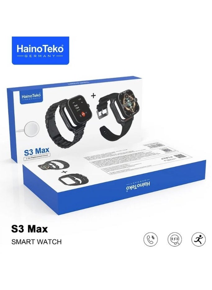S3 Max Smart Watch With 2 Set Strap Dial Case And Wireless Charger For Men's and Boys Black