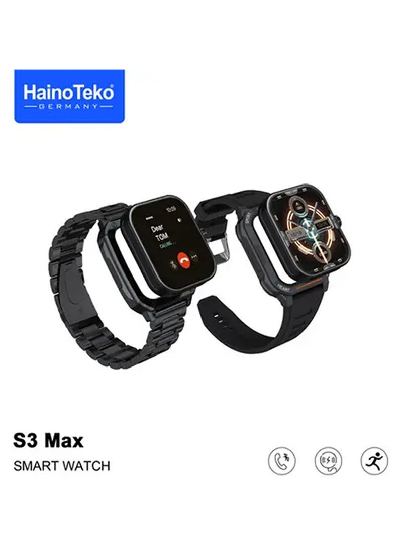S3 Max Smart Watch With 2 Set Strap Dial Case And Wireless Charger For Men's and Boys Black