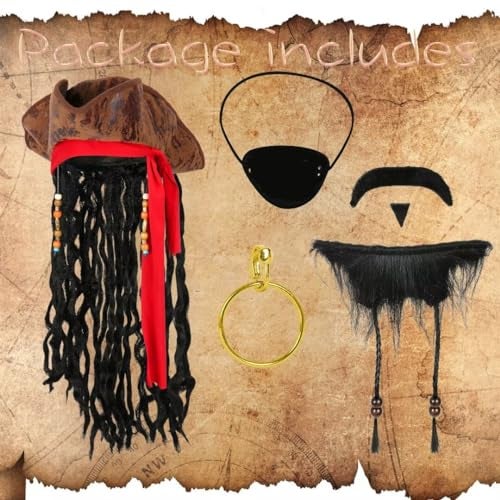 Cosrea Pirate Hat for Men Pirate Costume with Eye Patch Earring Mustache Accessories - Image 4