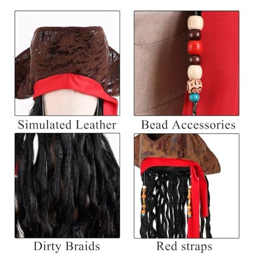 Cosrea Pirate Hat for Men Pirate Costume with Eye Patch Earring Mustache Accessories - Image 3