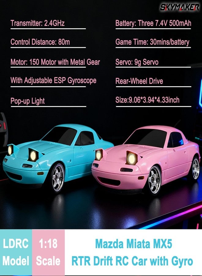 Skymaker 1/18 RC Drift Car with 3 Batteries Mazda MX-5 Miata 2.4GHz LDRC 1804 RWD Drifting Adults with ESP Gyro Pop-up Light (Blue) - Image 4