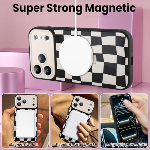 SOKAD Magnetic Checkered Case for iPhone 17 Pro with Finger Strap Kickstand, Compatible with Magsafe, Cute Checkerboard Designed for Women Men, Full Camera Protection Cover, Black & White - Image 2