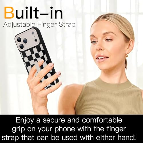 SOKAD Magnetic Checkered Case for iPhone 17 Pro with Finger Strap Kickstand, Compatible with Magsafe, Cute Checkerboard Designed for Women Men, Full Camera Protection Cover, Black & White - Image 3