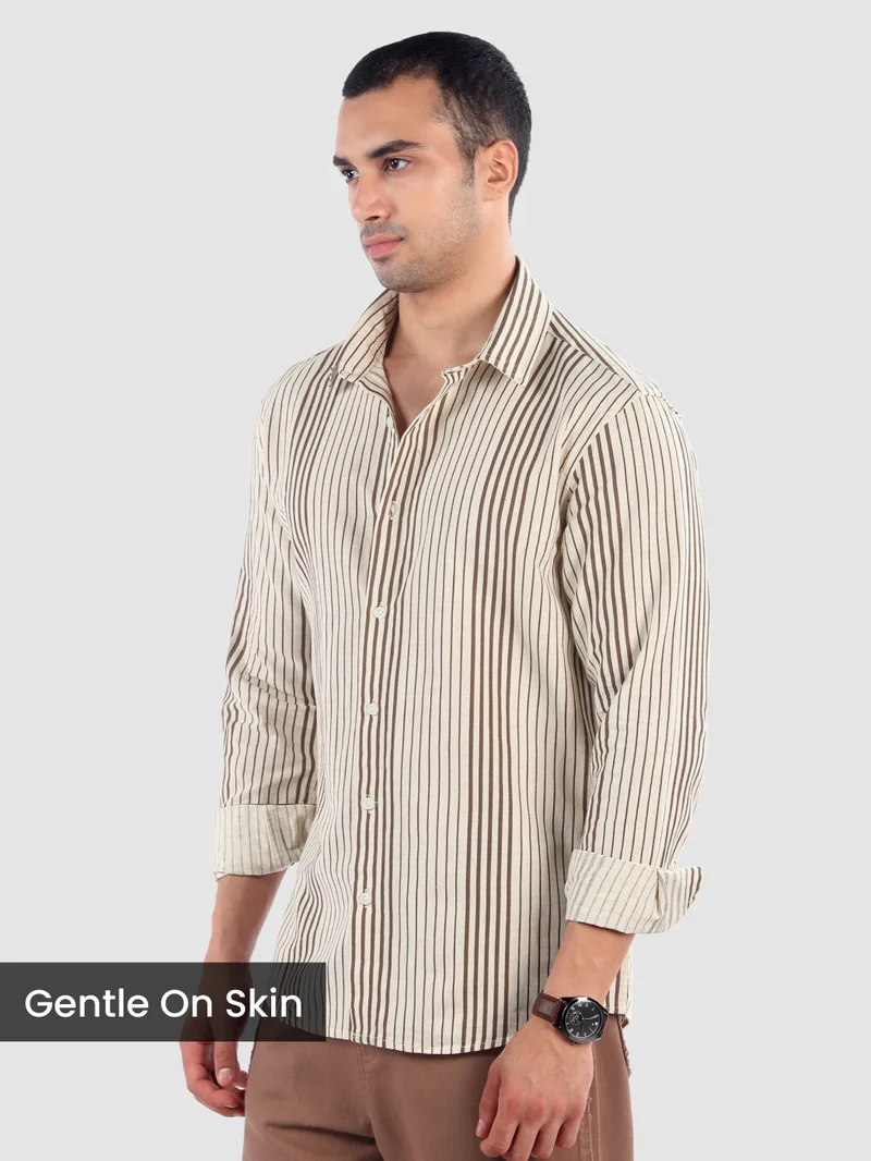 Beyoung Brown Cotton Stripe Shirt