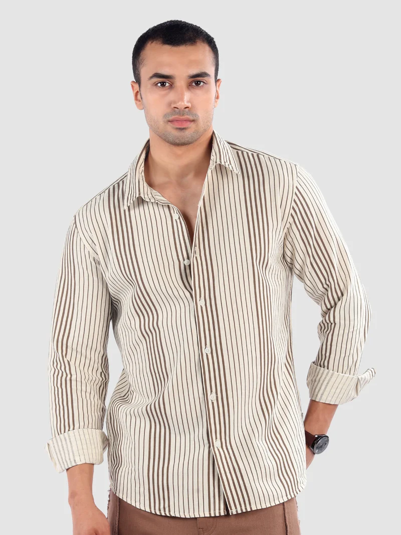 Beyoung Brown Cotton Stripe Shirt