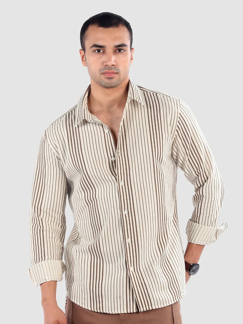Beyoung Brown Cotton Stripe Shirt