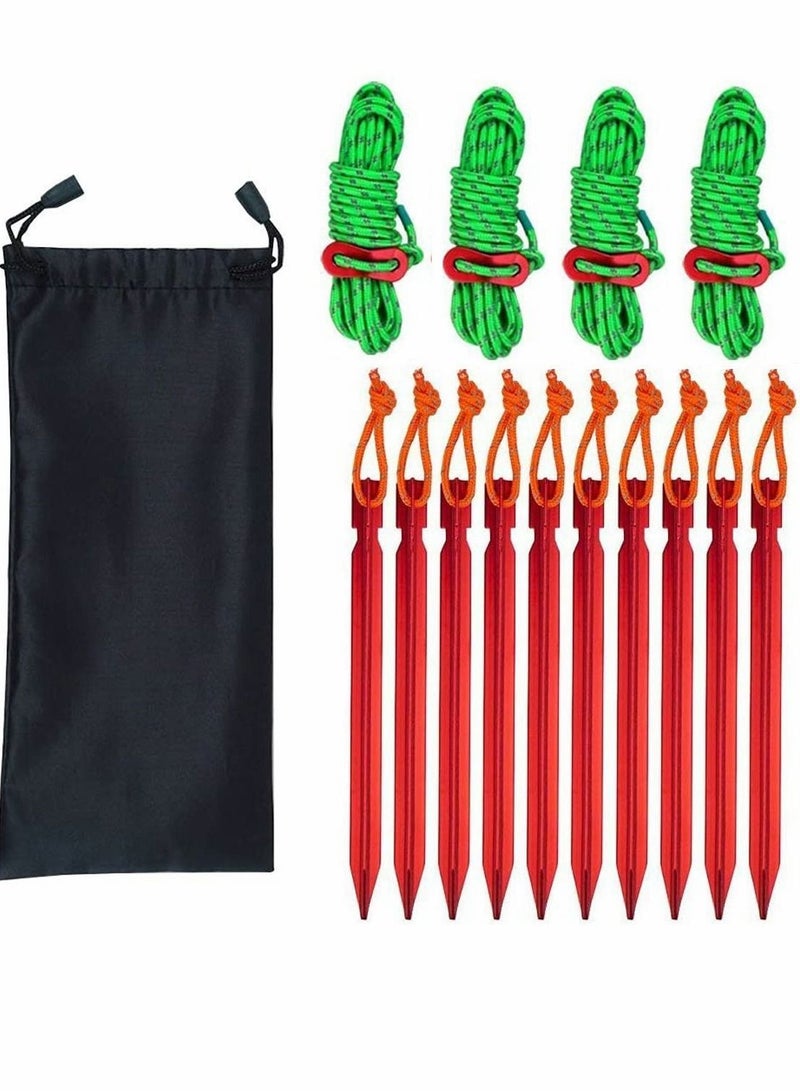 Y&D Aluminum Tent Stakes Pegs 10 Pack 7inch Outdoor Camping Stake and 4PC 4mm Reflective Guy Lines with Cord Adjustment Pouch Heavy Duty Lightweight  - Image 1