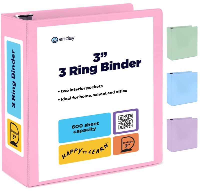 Enday 3 Inch Binder, Pink - 3 Inch 3 Ring Binder, D-Ring Pastel with Clear View Cover for Letter Size 8.5 x 11'' Paper & 2 Inside Pockets, Ideal for School Supplies, Office, and Home - Image 1