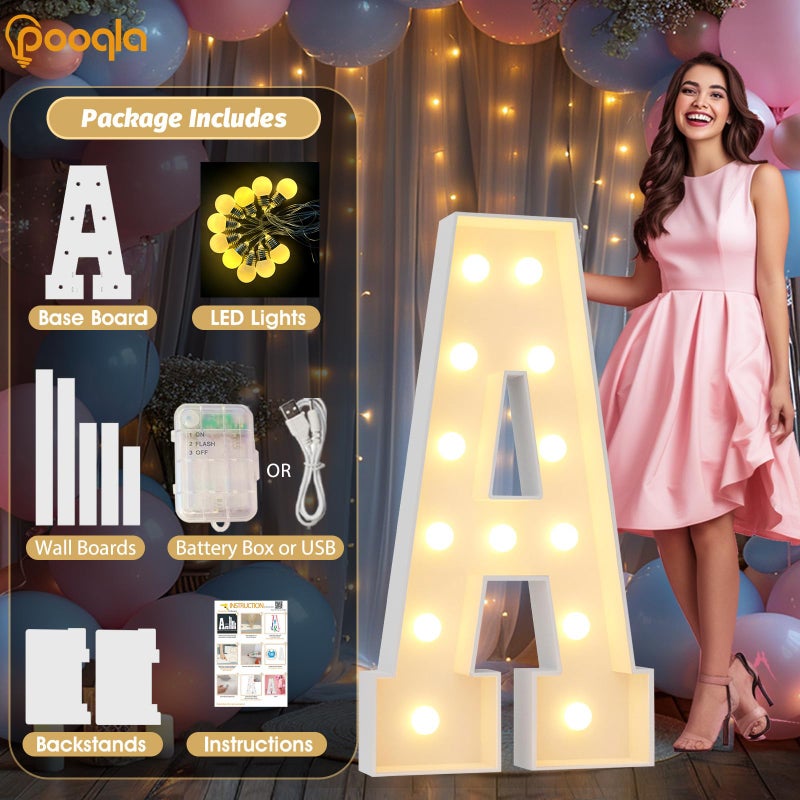Pooqla حروف مضاءة بارتفاع 4 أقدام من Pooqla، حروف مضاءة بطول 4 أقدام، لافتة حرف ضوئية عملاقة لمناسبات عيد الميلاد، حفلات استقبال المواليد، حفلات الزفاف، زينة المنزل، حرف A الكبير - Image 2
