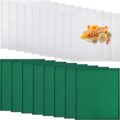 Thenshop 8 Pcs Silicone Dehydrator Sheets Trays with Edge and 10 Pcs Mesh Dehydrator Mats Non Stick Reusable Fruit Leather Trays Accessories for Liquid Making Food Fruit Meat Egg VegetablesGreen